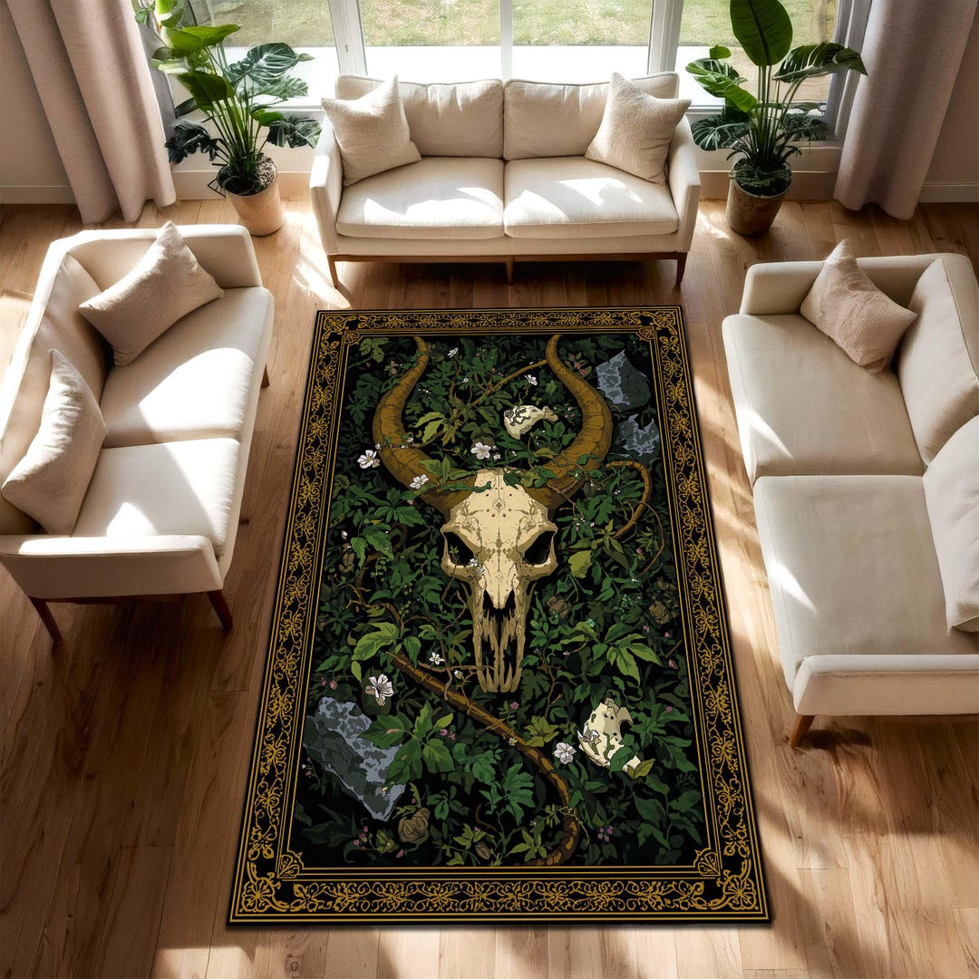 Gothic Bull Skull Forest Rug, Dark Botanical Area Rug With Vintage Gold ...