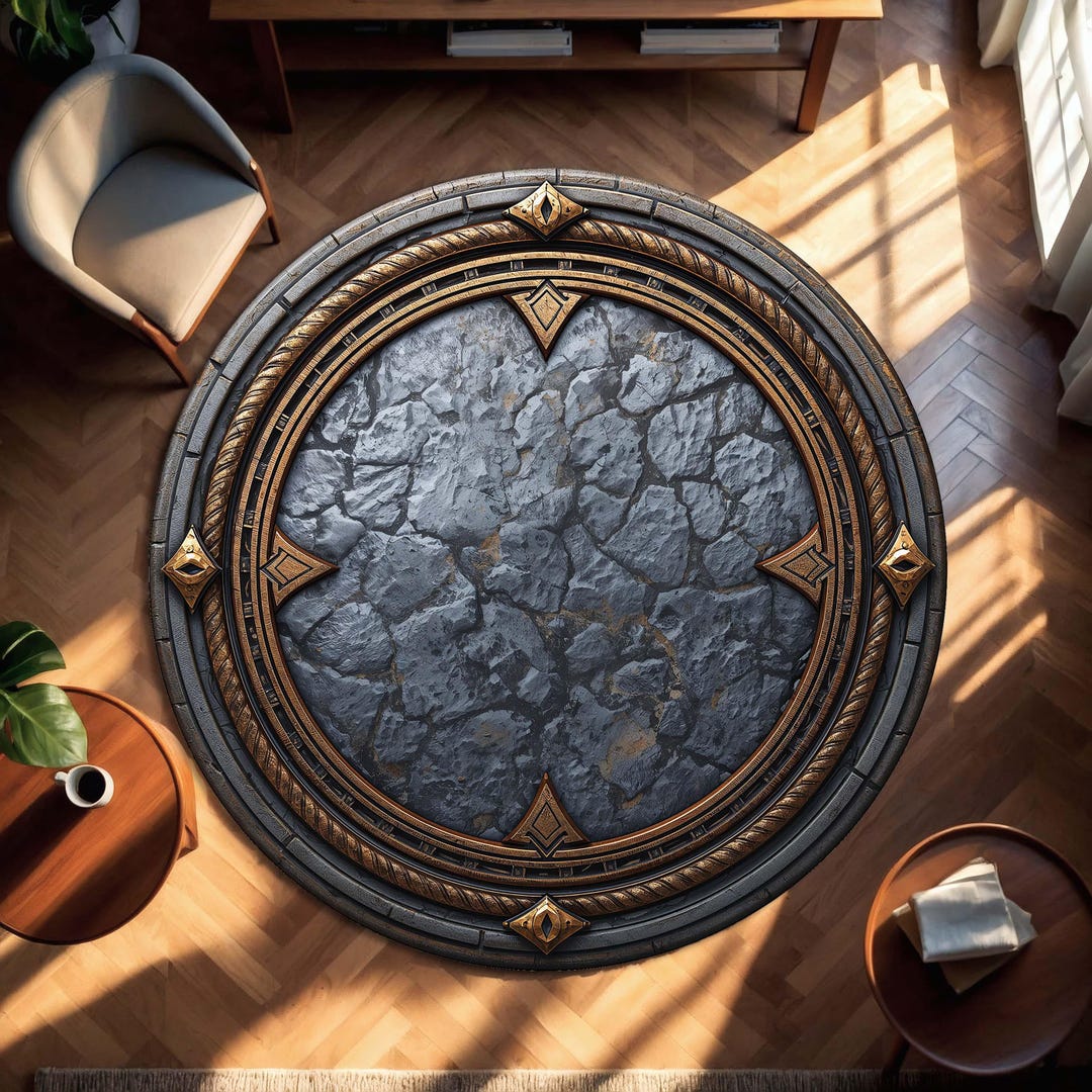 Round Stone Texture Rug With Antique Gold Accents, Medieval Fantasy ...