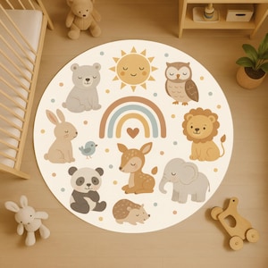 Hübscher runder Teppich: Regenbogen und Waldfreunde Teppich mit Sonne und Herz für Babyzimmer