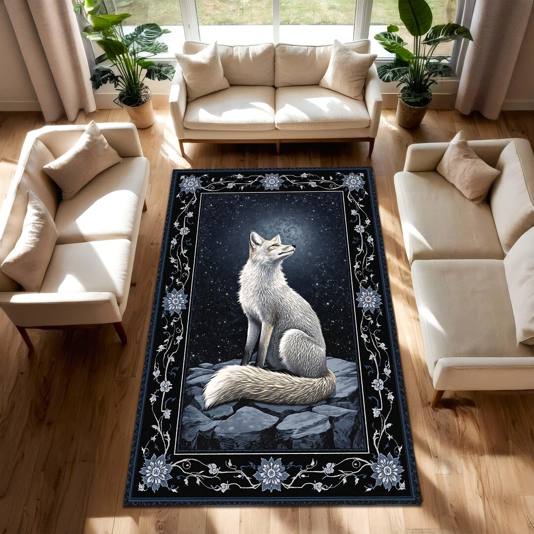 Arctic Fox Night Sky Area Rug, Dark Blue Floral Border Carpet – Nordic ...