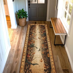 May include: A rectangular rug with a library scene. The rug features bookshelves on either side of a central path, with books and birds floating in the air. The color palette includes browns, tans, and touches of green.