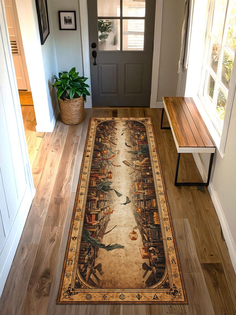 May include: A rectangular rug with a library scene. The rug features bookshelves on either side of a central path, with books and birds floating in the air. The color palette includes browns, tans, and touches of green.