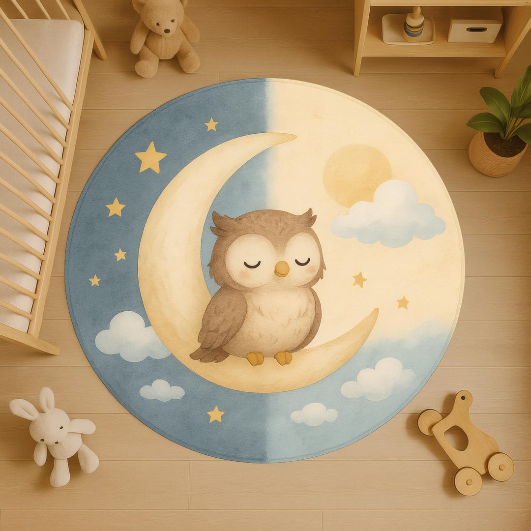Baby Sleep Rug Sleeping Owl Round Rug: Moon and Sun Nursery Carpet With Day and Night ...