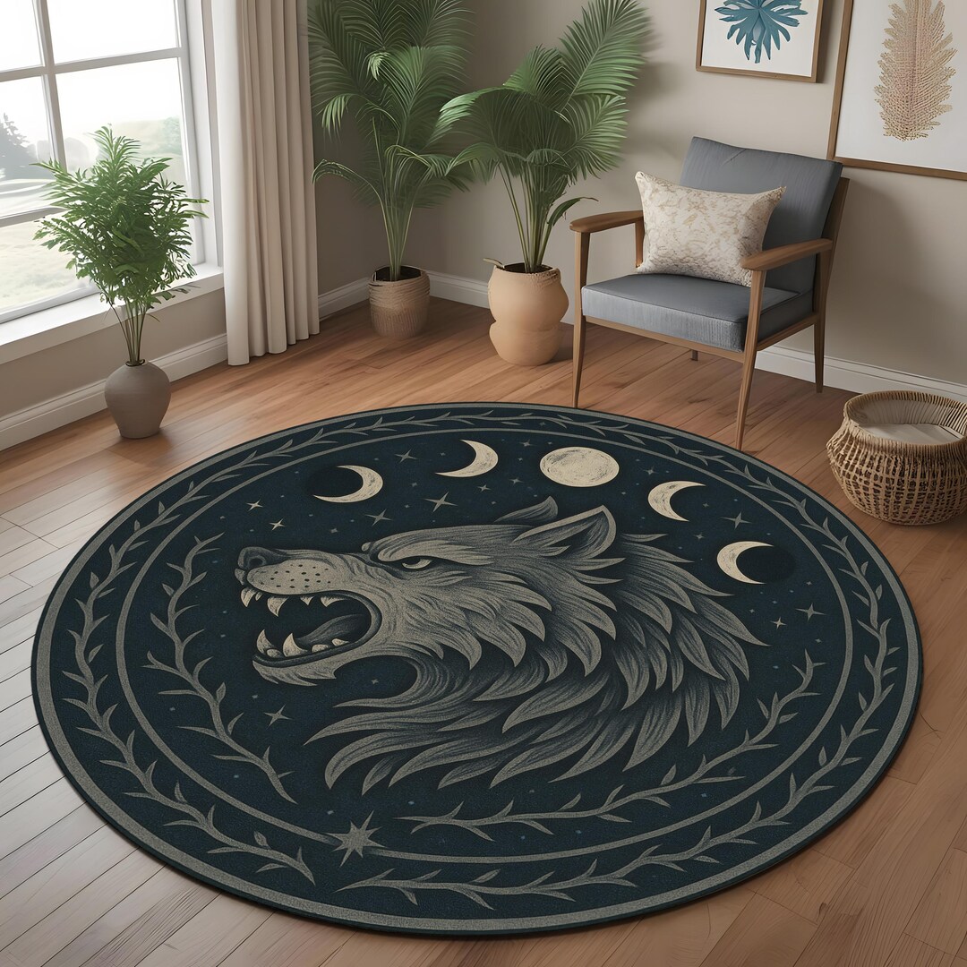 Lycan Rug Moon Wolf Round Rug: Mystical Lunar Cycle Rug With Gothic Forest Motif ...