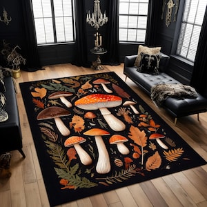 Forest Mushroom Rug: Botanical Toadstool Illustration in Autumn Colors, Cottagecore Nature Carpet for Rustic or Gothic Interiors