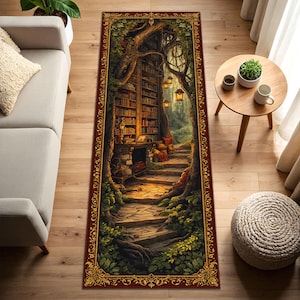 May include: A rectangular rug featuring a fantasy library scene. The design includes a stone staircase leading to a library with bookshelves, lanterns, and a cozy reading nook. The rug has a dark red border with gold accents and a detailed, artistic style.