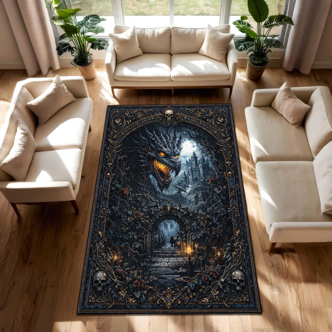 Gothic Dragon Castle Area Rug, Dark Fantasy Skull Tapestry Carpet ...