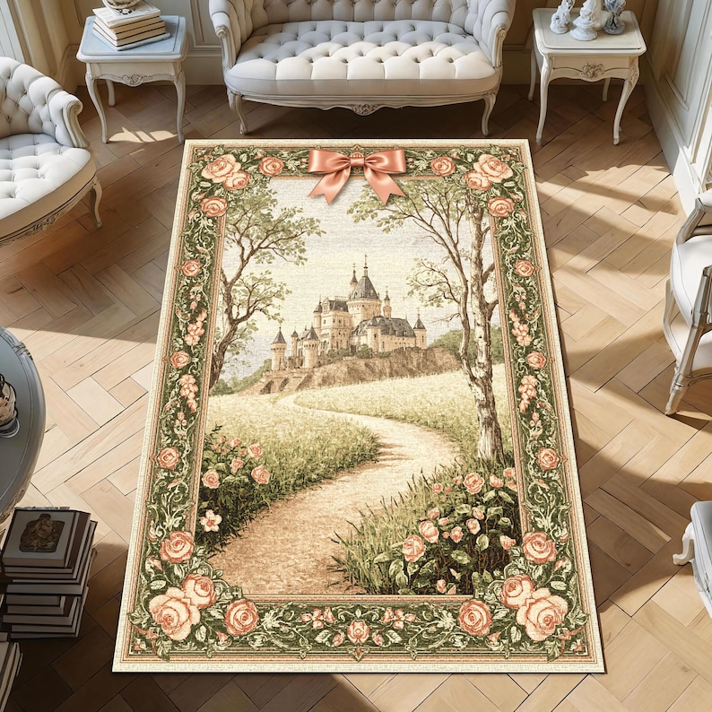 Châteaucore Castle Rug, Fairytale Rose Path Carpet, French Storybook Decor, Antique Style Tapestry Rug, Romantic Pastel Castleview Rug image 1