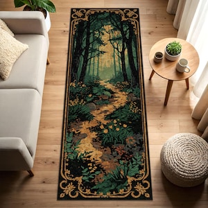 May include: A rectangular rug featuring a forest scene with a path leading into the distance. The rug has a black border with gold floral accents. The forest is depicted in shades of green and brown, with a golden path.