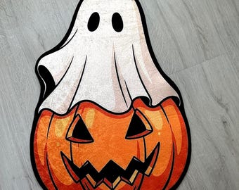 Alfombra con forma de calabaza fantasma de Halloween, felpudo antideslizante con diseño de Jack O'Lantern, decoración otoñal espeluznante para la entrada, el baño, la cocina, la habitación de los niños o la guardería.