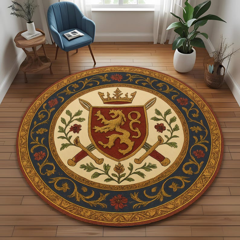 Colorful Rug Medieval Royal Crest Round Rug: Medieval Heraldic Carpet With Lion Shield ...