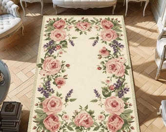 Châteaucore French Floral Rug, Cottagecore Rose Carpet for Living Room