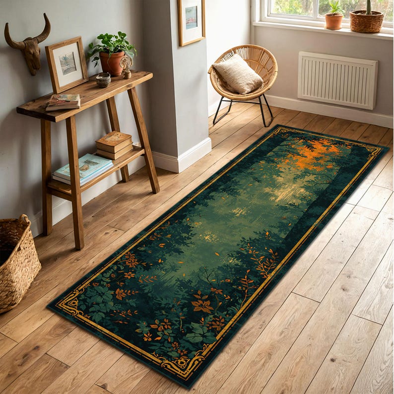 K&ouml;nnte beinhalten: Ein rechteckiger Teppich mit einem Waldszenen-Design. Der Teppich hat einen dunkelgr&uuml;nen Hintergrund mit einer detaillierten Darstellung von B&auml;umen und Bl&auml;ttern, akzentuiert mit Orange- und Goldt&ouml;nen. Der Teppich ist mit einem goldenen Dekorationsmuster umrandet.