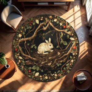 The Woodland Hare Round Rug | Fairytale Forest Rabbit Carpet with Dark Floral Frame | Whimsical Cottagecore Animal Decor |