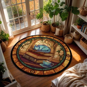 Tappeto con drago addormentato, accogliente arredamento da biblioteca fantasy con tè e libri, tappeto rotondo in stile vetrata, regalo per amanti dei libri, lettori e scrittori immagine 4