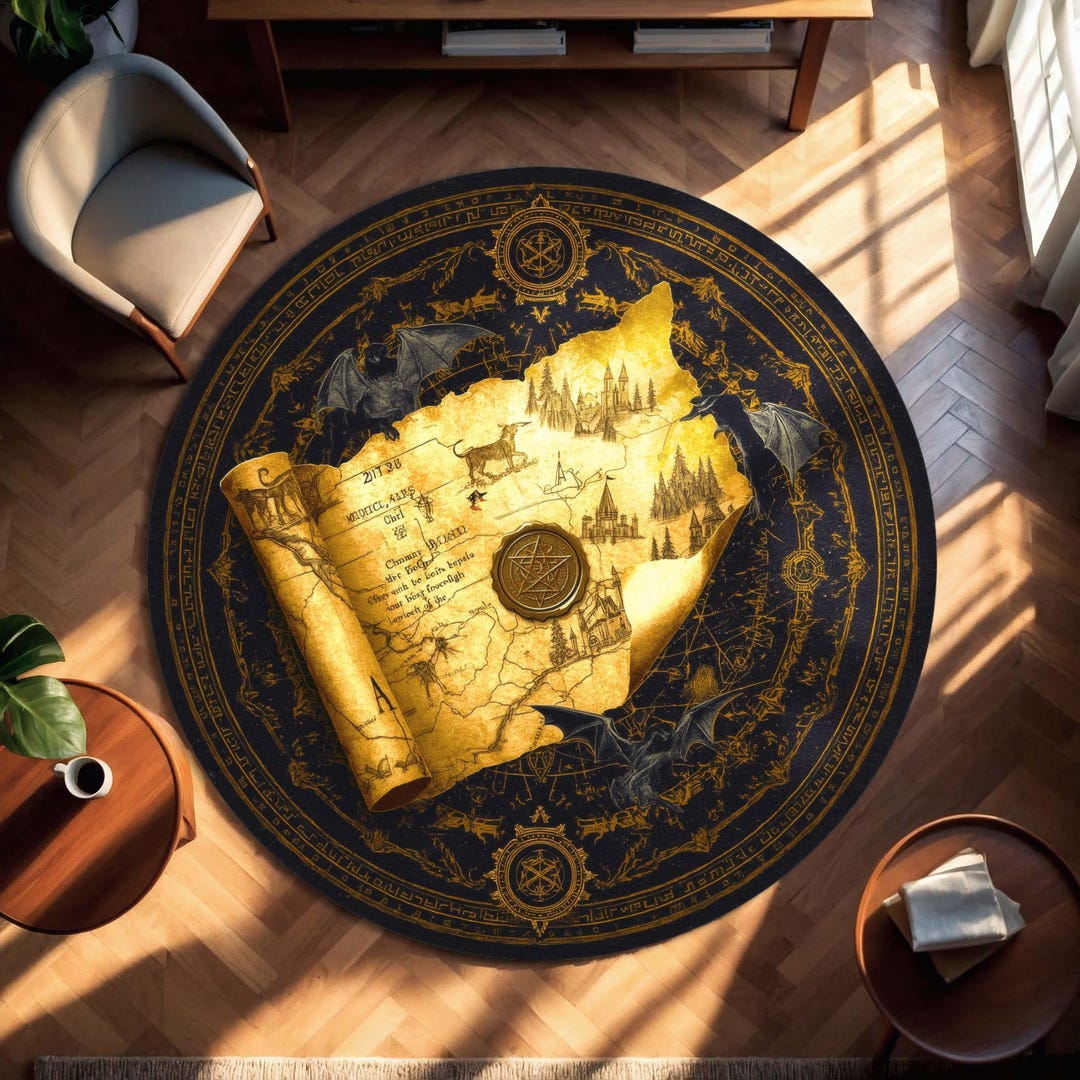 Dnd Rug Prop Fantasy RPG World Map Rug, Golden Scroll Round Carpet With Dragons ...