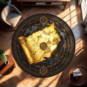 May include: A circular rug with a dark blue backdrop and a gold border. The rug showcases a detailed map design with a rolled parchment, a gold seal, and illustrations of castles and bats. The rug is placed on a wooden floor.
