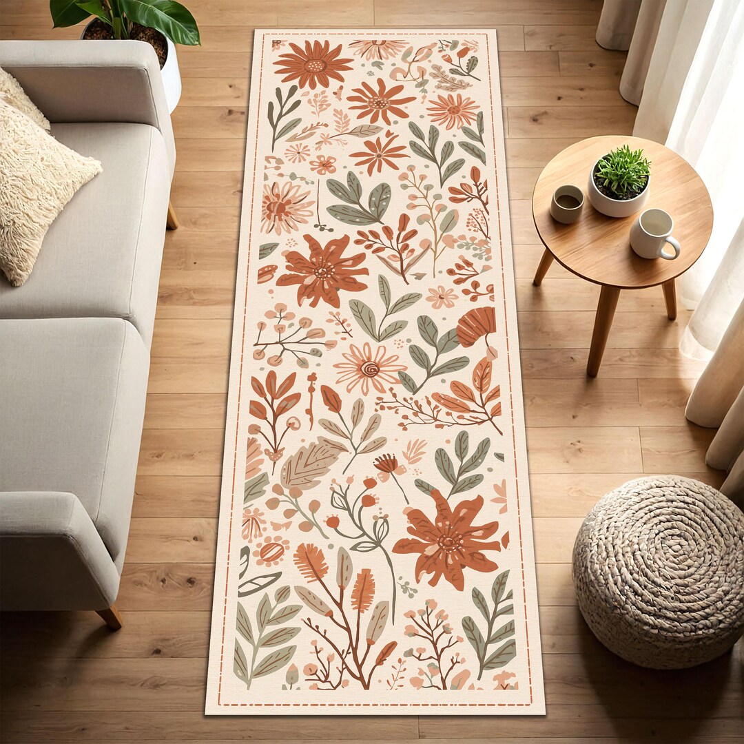 Floral Runner Rug, Terracotta Sage Botanical Hallway Carpet, Boho ...