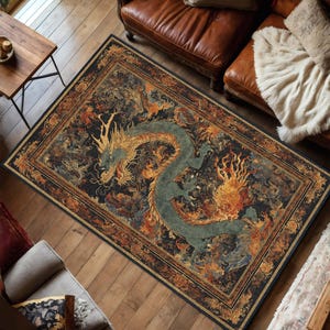Orientalisk drakematta, vintagematta i asiatisk stil, mytisk ormkonst, mörk boho vardagsrumsinredning, sovrumsdekor, halkfri tvättbar bild 2