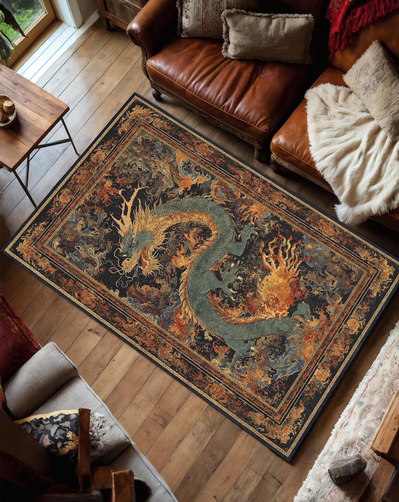 Orientalisk drakematta, vintagematta i asiatisk stil, mytisk ormkonst, mörk boho vardagsrumsinredning, sovrumsdekor, halkfri tvättbar bild 2