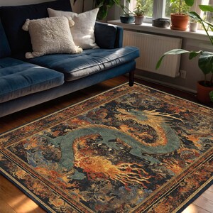 Orientalisk drakematta, vintagematta i asiatisk stil, mytisk ormkonst, mörk boho vardagsrumsinredning, sovrumsdekor, halkfri tvättbar bild 3