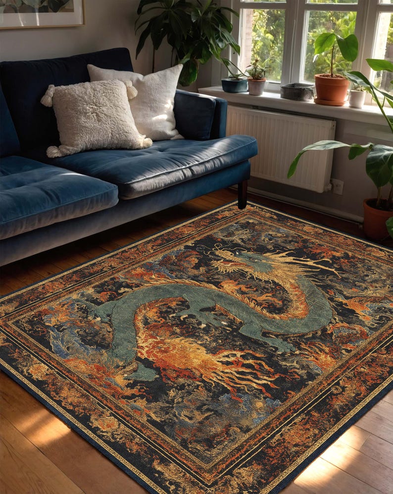 Orientalisk drakematta, vintagematta i asiatisk stil, mytisk ormkonst, mörk boho vardagsrumsinredning, sovrumsdekor, halkfri tvättbar bild 3