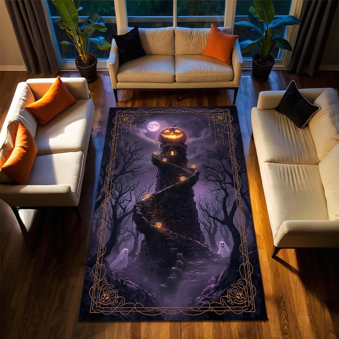 Spooky Rug Texture Halloween Haunted Tower Area Rug, Gothic Pumpkin Moon Carpet, Spooky ...