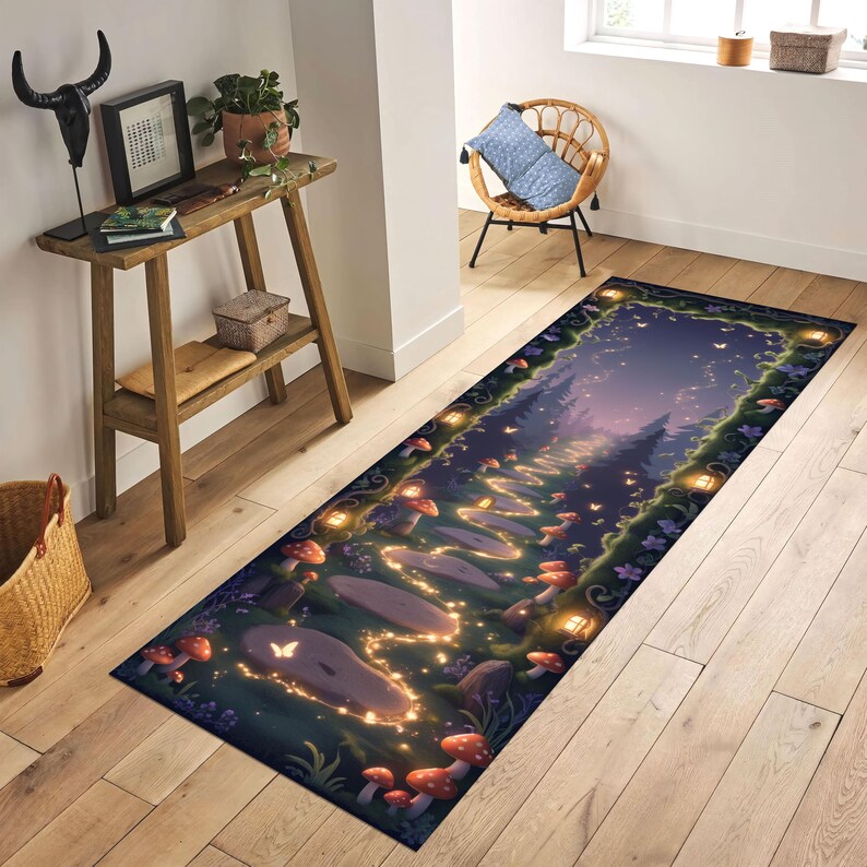 Fairy Forest Runner Rug, Whimsical Glowing Pathway Rug, Fairycore Kids Room Decor, Enchanted Mushroom Carpet, Magical Woodland Hallway Rug image 2