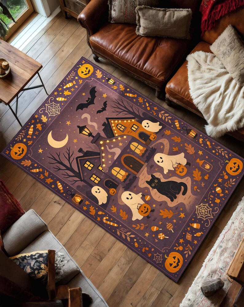 気まぐれなハロウィンラグ、黒猫とお化け屋敷でトリック・オア・トリートをする幽霊、不気味なゴシックルームの装飾に最適な紫色の魔女風秋カーペット 画像 2