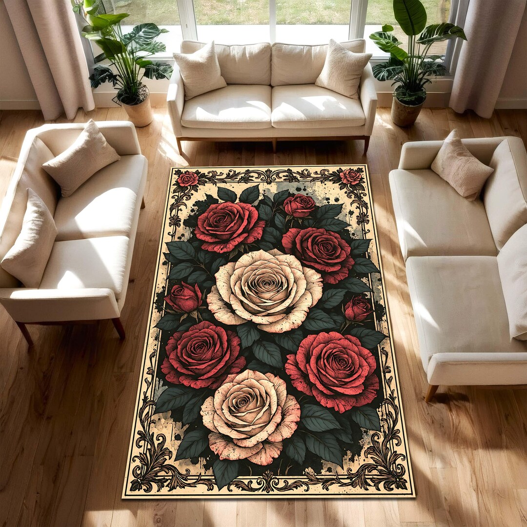 Vintage Botanical Floral Area Rug With Red and Cream Roses, Gothic ...