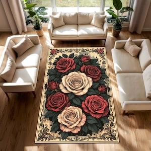 Alfombra vintage con diseño floral botánico y rosas rojas y crema, diseño gótico victoriano para sala de estar, decoración de suelo con estética bohemia.