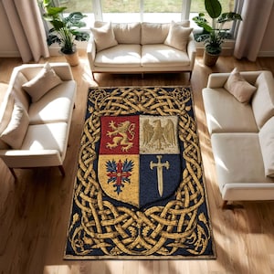 May include: A rectangular area rug with a heraldic design. The rug features a central shield divided into four quadrants, each with a different emblem. The shield is surrounded by a gold Celtic knot border on a dark blue background. The rug is placed in a living room.