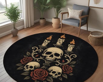 Dark Gothic Rug: Skull Candelabra Red Roses Candles Decor, Round Carpet With Baroque Vibe