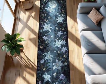 Fairycore Runner Rug with Glowing Lilies Under Moonlight | Mystical Night Garden Carpet | Dark Romantic Hallway Cottagecore Entryway Decor