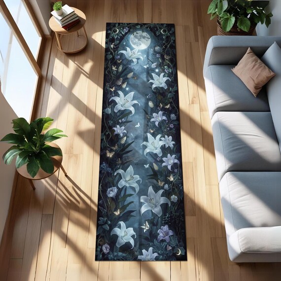 Fairycore Runner Rug with Glowing Lilies Under Moonlight | Mystical Night Garden Carpet | Dark Romantic Hallway Cottagecore Entryway Decor
