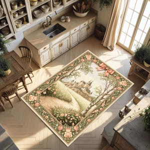 Châteaucore Castle Rug, Fairytale Rose Path Carpet, French Storybook Decor, Antique Style Tapestry Rug, Romantic Pastel Castleview Rug image 4