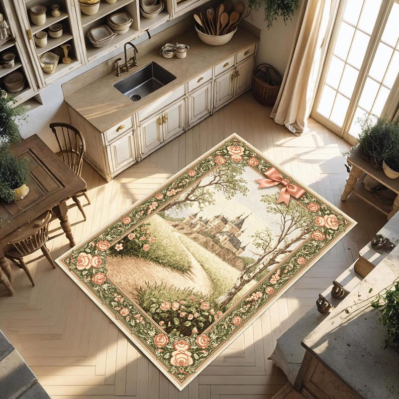 Châteaucore Castle Rug, Fairytale Rose Path Carpet, French Storybook Decor, Antique Style Tapestry Rug, Romantic Pastel Castleview Rug image 4