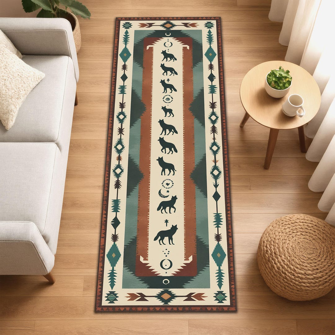 Wild Forever Rug Tribal Wolf Runner Rug, Southwestern Animal Spirit Rug, Boho Desert ...
