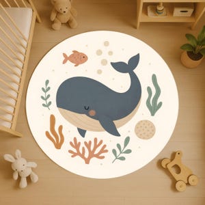 Whale Ocean Round Rug: Cute Sea Life Nursery Carpet with Coral and Fish for Baby Room or Toddler Underwater Theme