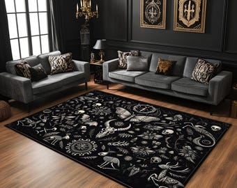 Dark Academia Gothic Rug, Witchy Black Skeleton Carpet, Mystical Floral Aesthetic Area Rug for Gothic Living Room or Occult Inspired Decor