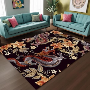 Alfombra con bordado de dragón asiático, arte chino con fondo negro, alfombra de criatura mítica oriental, tapiz para sala de estar.