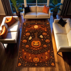 Halloween Jack-O’-Lantern Rug, Fall Pumpkin Carpet with Ghosts and Bats Spooky Fall Area Rug for Living Room, Witchy Autumn Gothic Room Rug