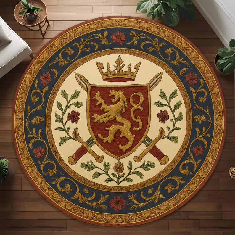 Royal Crest Round Rug: Medieval Heraldic Carpet With Lion Shield ...