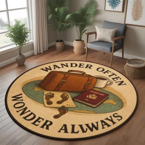 Tapis d'aventure : errez souvent, demandez-vous toujours, tapis rond avec passeport, valise et empreintes de pas, décoration inspirée du voyage pour les âmes curieuses