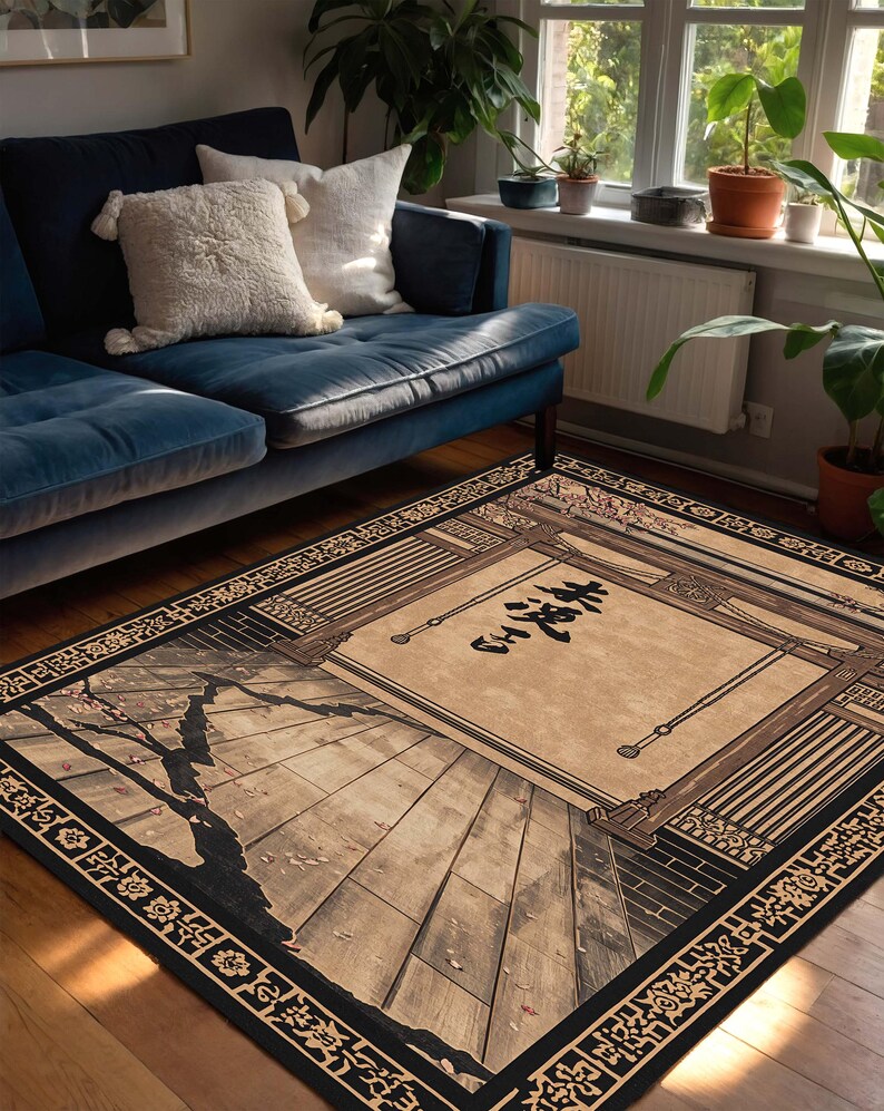 Japanese Pattern Rug Background Zen Asian Calligraphy Area Rug, Vintage Japanese Temple Gate Carpet ...