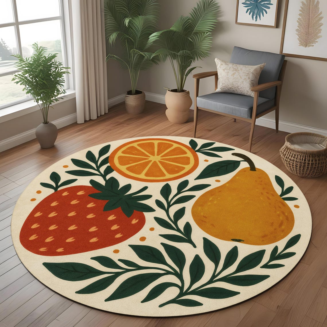 Fruit Pattern Round Rug: Whimsical Strawberry, Orange and Pear Carpet ...