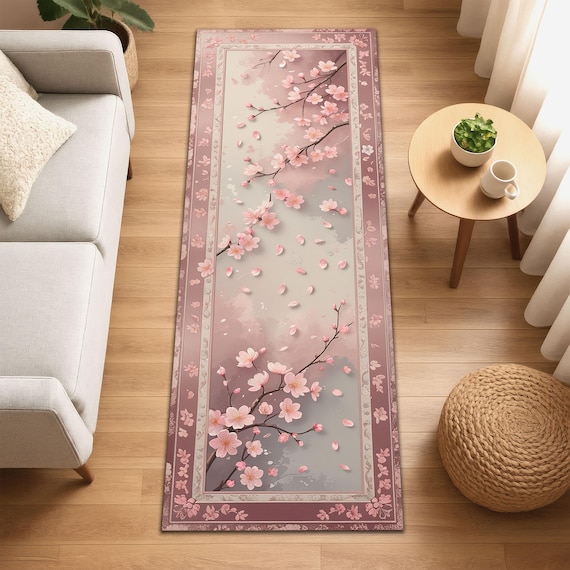 Cherry Blossom Runner Rug, Japanese Sakura Floral Rug, Spring Hallway Rug, Pastel Pink Zen Rug, Japandi Style Soft Petal Carpet