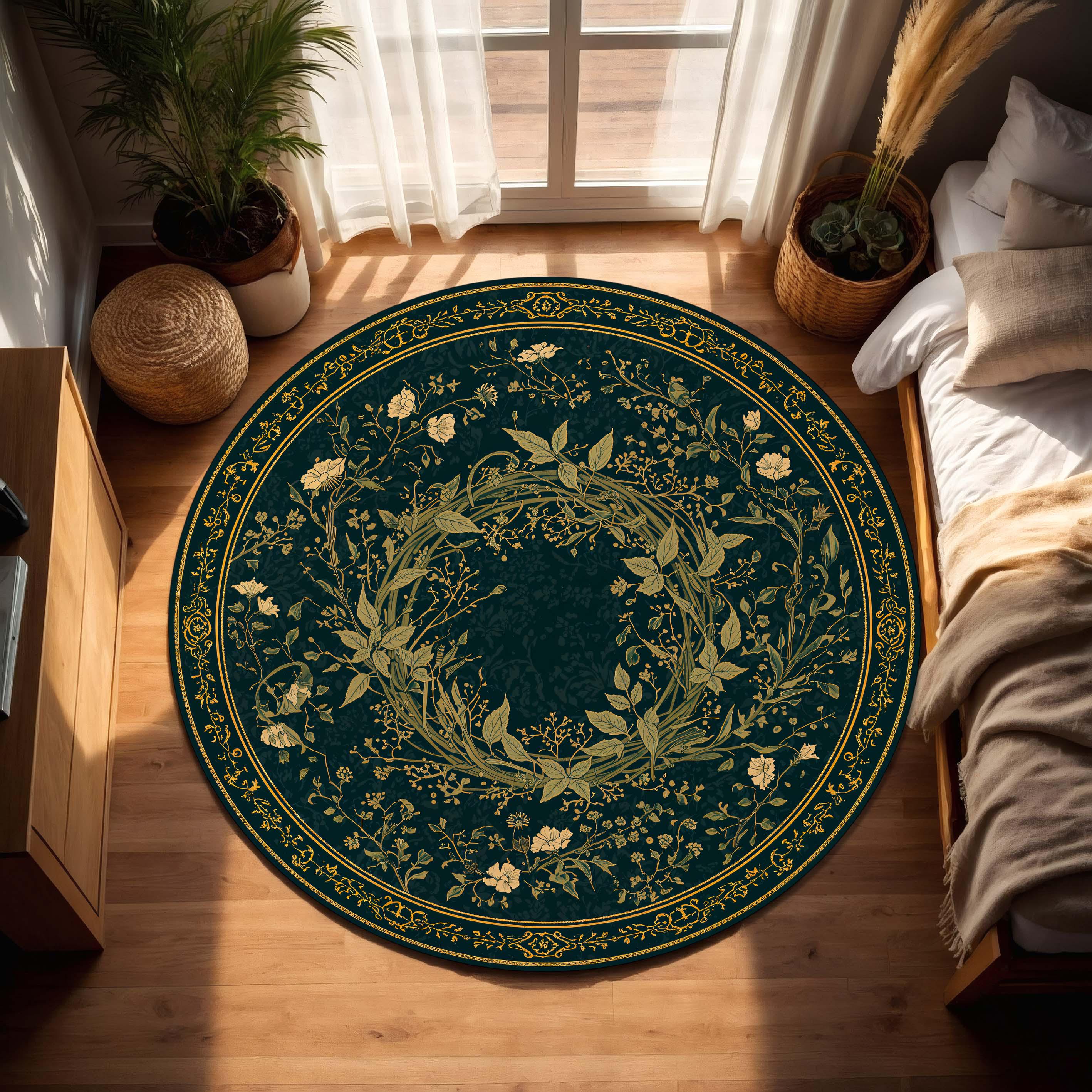 Round Green Botanical Rug, Vintage Floral Wreath Carpet, Art Nouveau ...