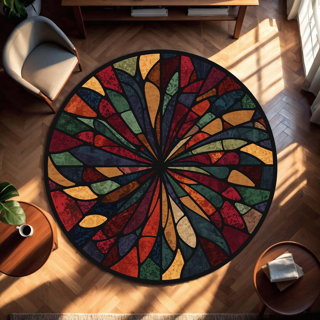Window Pane Square Rug Round Stained Glass Style Area Rug, Colorful Mosaic Mandala Carpet ...