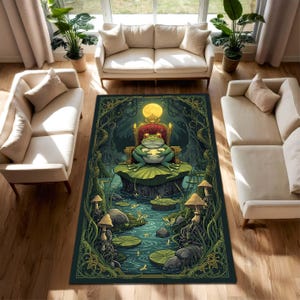 May include: A whimsical area rug featuring a cartoon frog king seated on a throne atop a lily pad. The rug has a dark green border with a pond scene, a full moon, and mushroom accents. The frog is green with a golden crown.